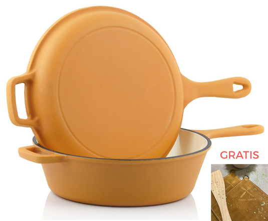 MULTI-Schmortopf 2in1 | 4,4 Liter | rund, orange | Gusseisen emailliert + Gratis Topflappen Doppelpack