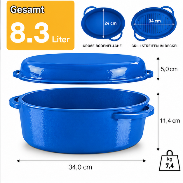 Laad de afbeelding in de galerijviewer, OSTOVE emaillierter MultiBräter Blau: Maße, Fassungsvermögen und Gewicht # Farbe_Blau