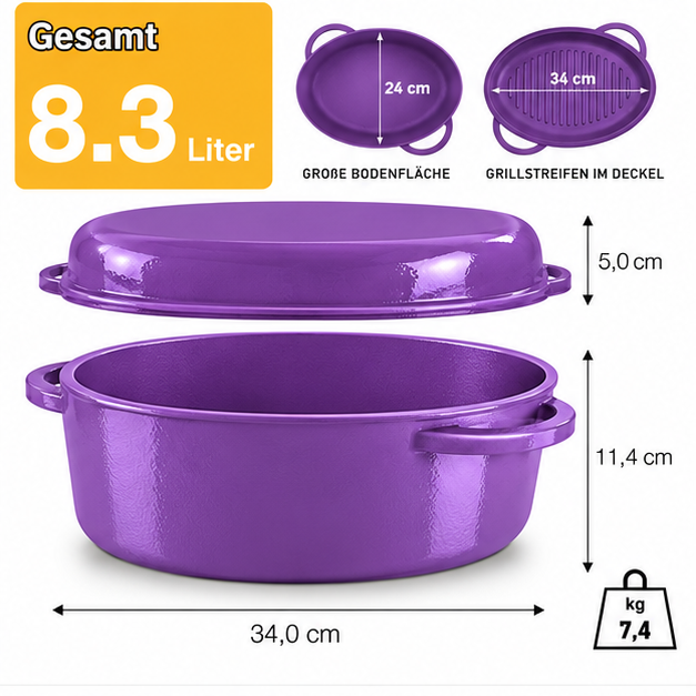 Laad de afbeelding in de galerijviewer, OSTOVE emaillierter MultiBräter Violett: Maße, Fassungsvermögen und Gewicht # Farbe_Violett