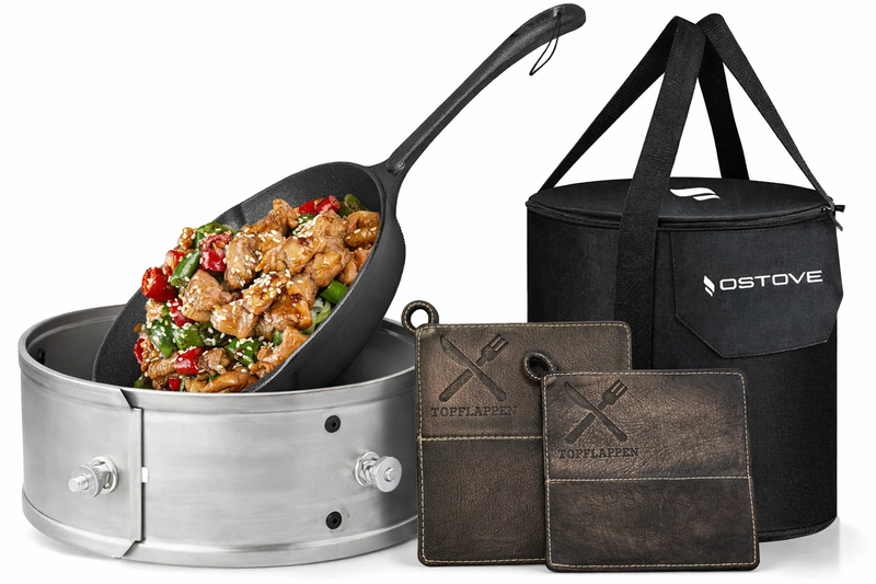 Laad de afbeelding in de galerijviewer, Zubehör-Bundle mit Feuerring, Gusseisen-Grillpfanne, Leder-Topflappen und Tragetasche
