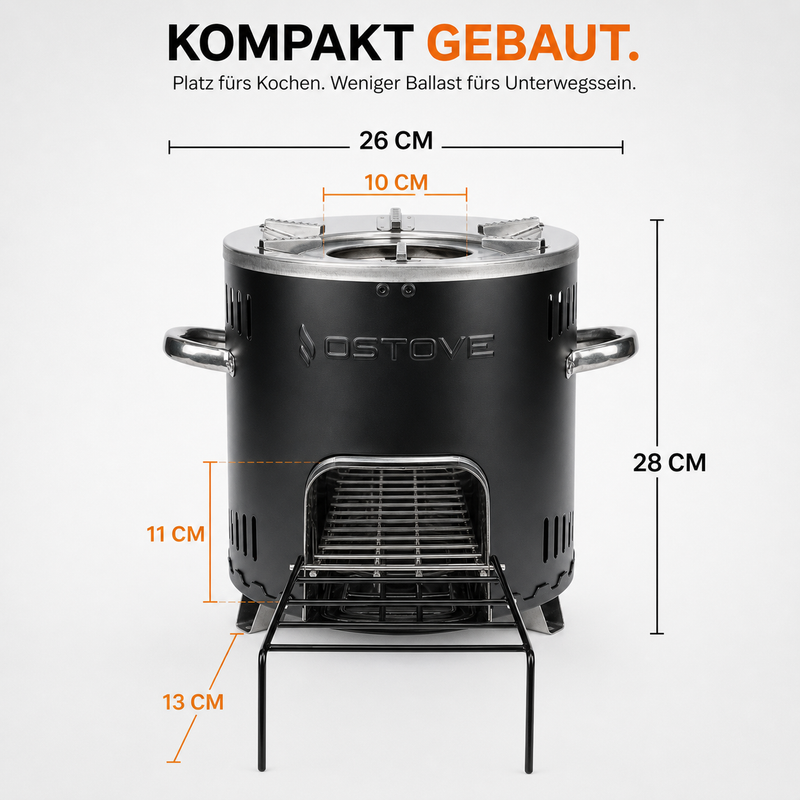 Laad de afbeelding in de galerijviewer, OSTOVE AIR Abmessungen: 26 cm breit, 28 cm hoch, 10 cm Zentralöffnung, 11 cm Brennkammeröffnung
