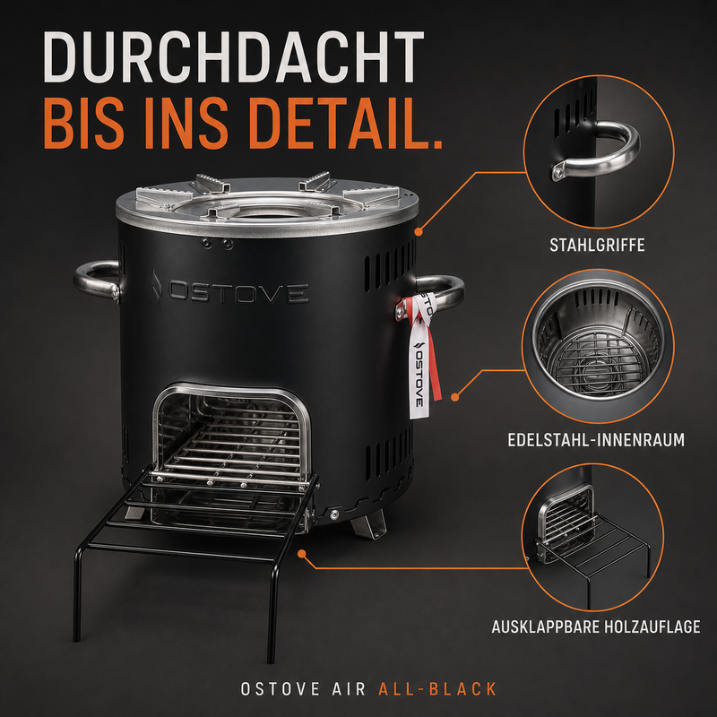 Laad de afbeelding in de galerijviewer, OSTOVE AIR Details: Stahlgriffe, Edelstahl-Innenraum, Brennholzrost
