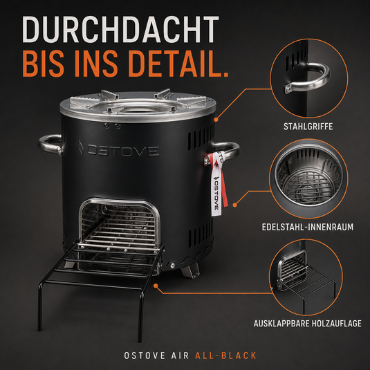 OSTOVE AIR Details: Stahlgriffe, Edelstahl-Innenraum, Brennholzrost