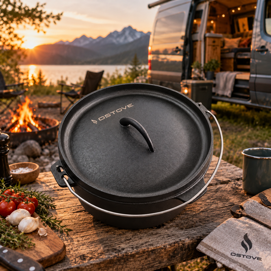 OSTOVE Dutch Oven 25 cm vor einem Campingbus