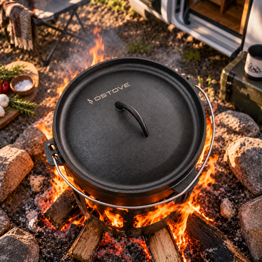 OSTOVE Dutch Oven 25 cm mit Deckel über einer Feuerstelle