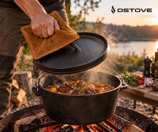 OSTOVE Dutch Oven beim Kochen im Freien; Topflappen als Zubehör dargestellt