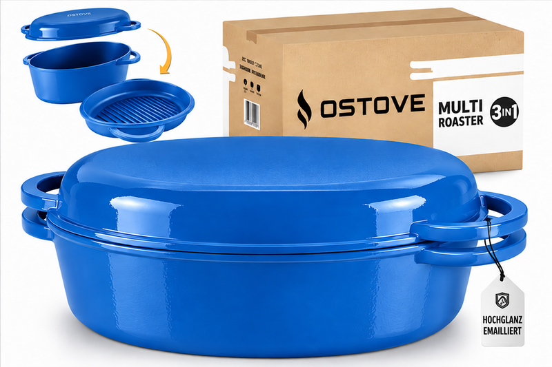 Laad de afbeelding in de galerijviewer, OSTOVE emaillierter ovaler Gusseisen-MultiBräter 3in1 in Blau, Produktansicht # Farbe_Blau
