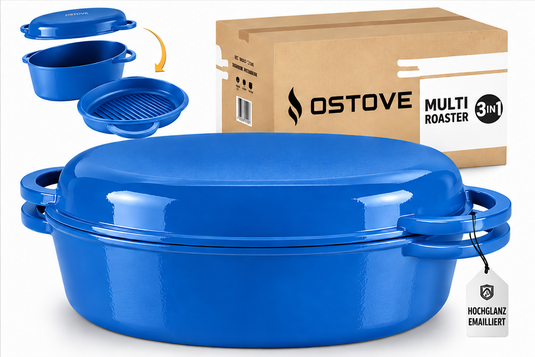 OSTOVE emaillierter ovaler Gusseisen-MultiBräter 3in1 in Blau, Produktansicht