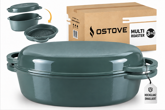 OSTOVE emaillierter ovaler Gusseisen-MultiBräter 3in1 in Grün, Produktansicht 