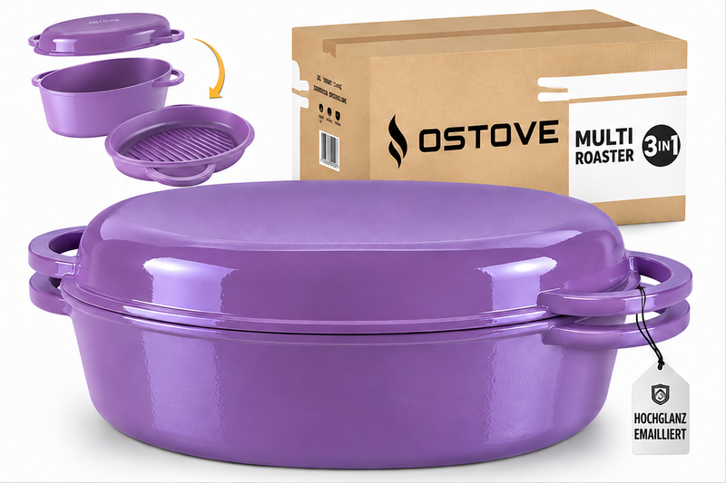 Laad de afbeelding in de galerijviewer, OSTOVE emaillierter ovaler Gusseisen-MultiBräter 3in1 in Violett, Produktansicht # Farbe_Violett
