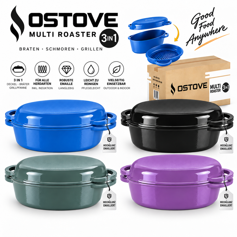Laad de afbeelding in de galerijviewer, OSTOVE emaillierter Gusseisen-MultiBräter 3in1 in Blau, Schwarz, Grün und Violett # Farbe_Alle
