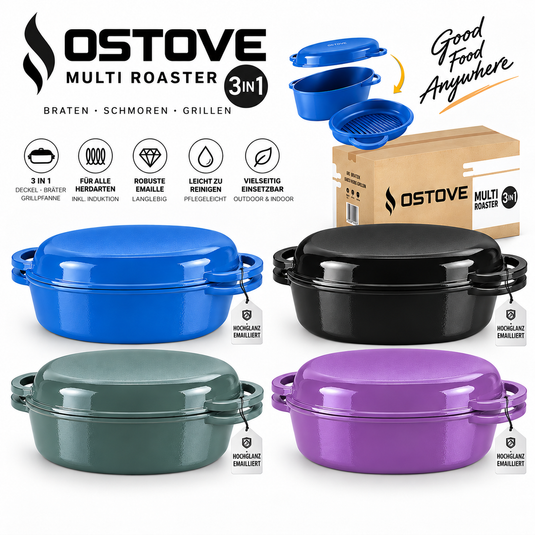 OSTOVE emaillierter Gusseisen-MultiBräter 3in1 in Blau, Schwarz, Grün und Violett 