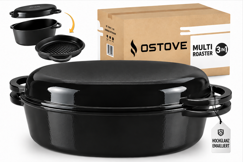 Laad de afbeelding in de galerijviewer, OSTOVE emaillierter ovaler Gusseisen-MultiBräter 3in1 in Schwarz, Produktansicht # Farbe_Schwarz
