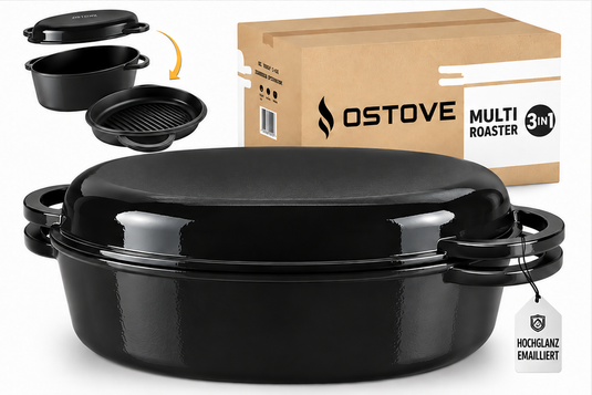 OSTOVE emaillierter ovaler Gusseisen-MultiBräter 3in1 in Schwarz, Produktansicht