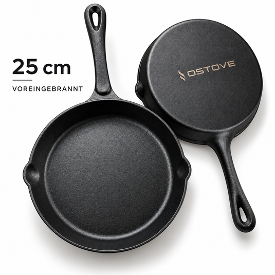 OSTOVE Gusseisenpfanne 25 cm, vorgebrannt, Vorder- und Rückansicht