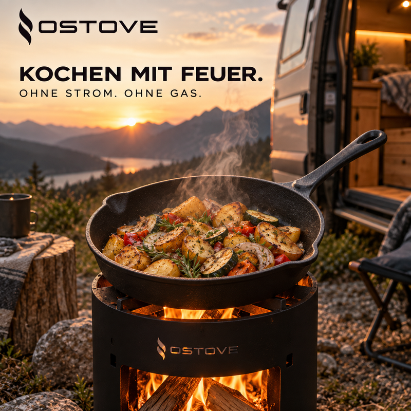 Laad de afbeelding in de galerijviewer, OSTOVE Gusseisenpfanne beim Kochen über Holzfeuer im Freien
