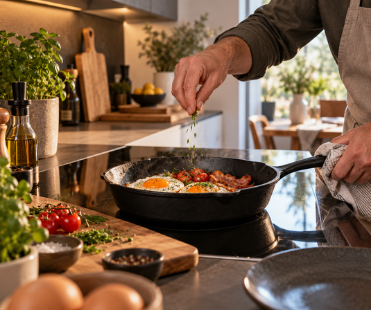 OSTOVE Gusseisenpfanne beim Kochen auf einem Ceranfeld