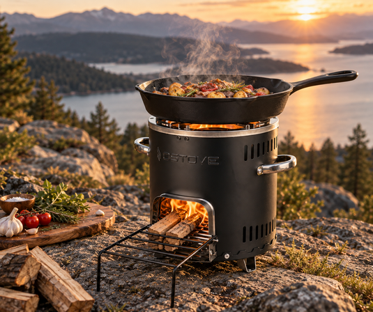 OSTOVE AIR Raketenofen mit 25-cm-Gusseisenpfanne beim Kochen im Freien; Pfanne als Zubehör dargestellt