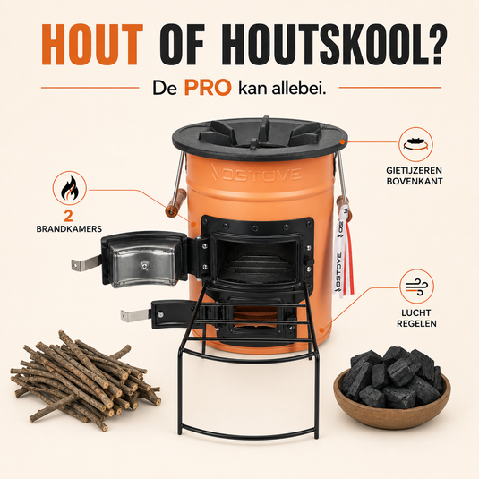 OSTOVE PRO Oranje — hout of houtskool, zwei Brennkammern und Luftregelung