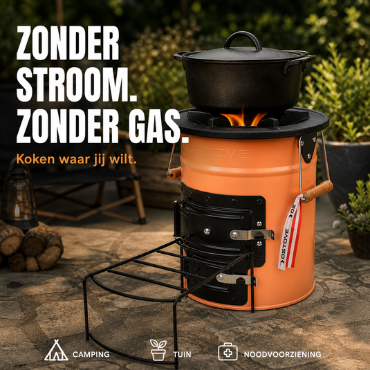 OSTOVE PRO Oranje — zonder stroom, zonder gas, Dutch Oven auf dem Ofen